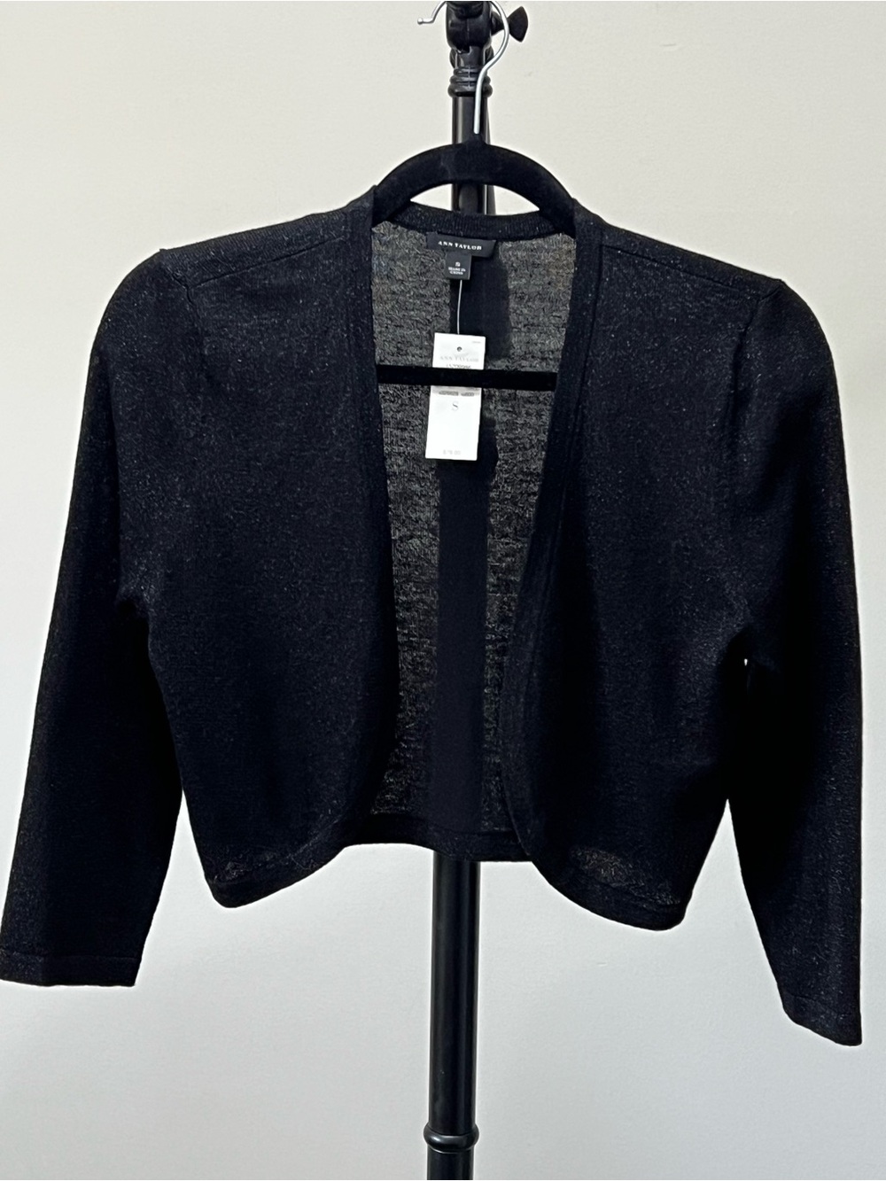 NWT Ann Taylor Black Cropped Open-Front Bolero shimmer cardigan Size S